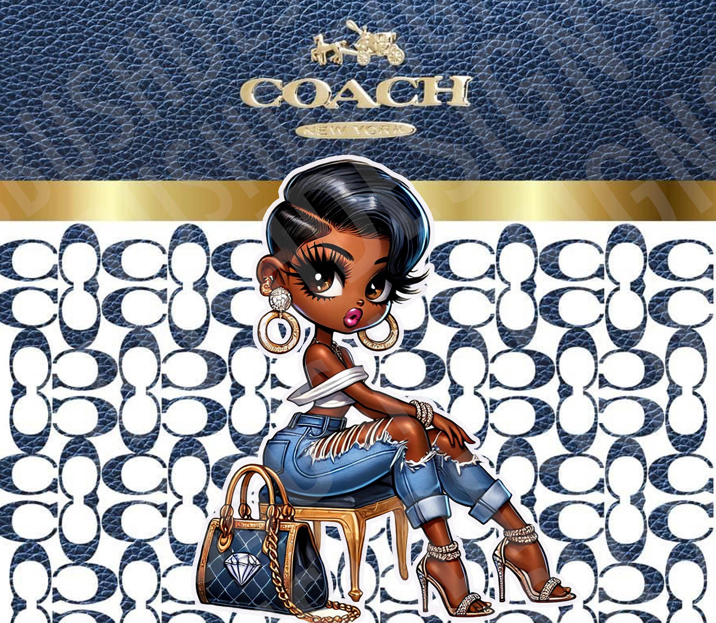 Super Chic Modern Black Betty Boop Purse Tumbler Wrap PNG High Resolution File - Luxury Tumbler File with Blue and Gold Betty Boop Design