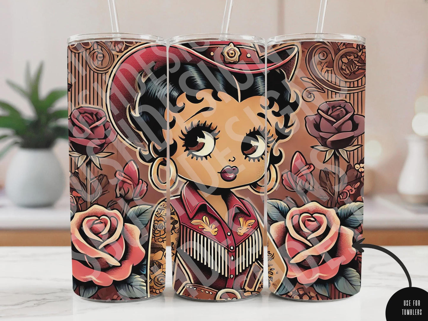 Western Black Betty Boop Cowgirl and Roses Image - Beautiful Vintage Cowgirl Vibe DIGITAL File ONLY for Tumbler, Totes, Clack Fans etc