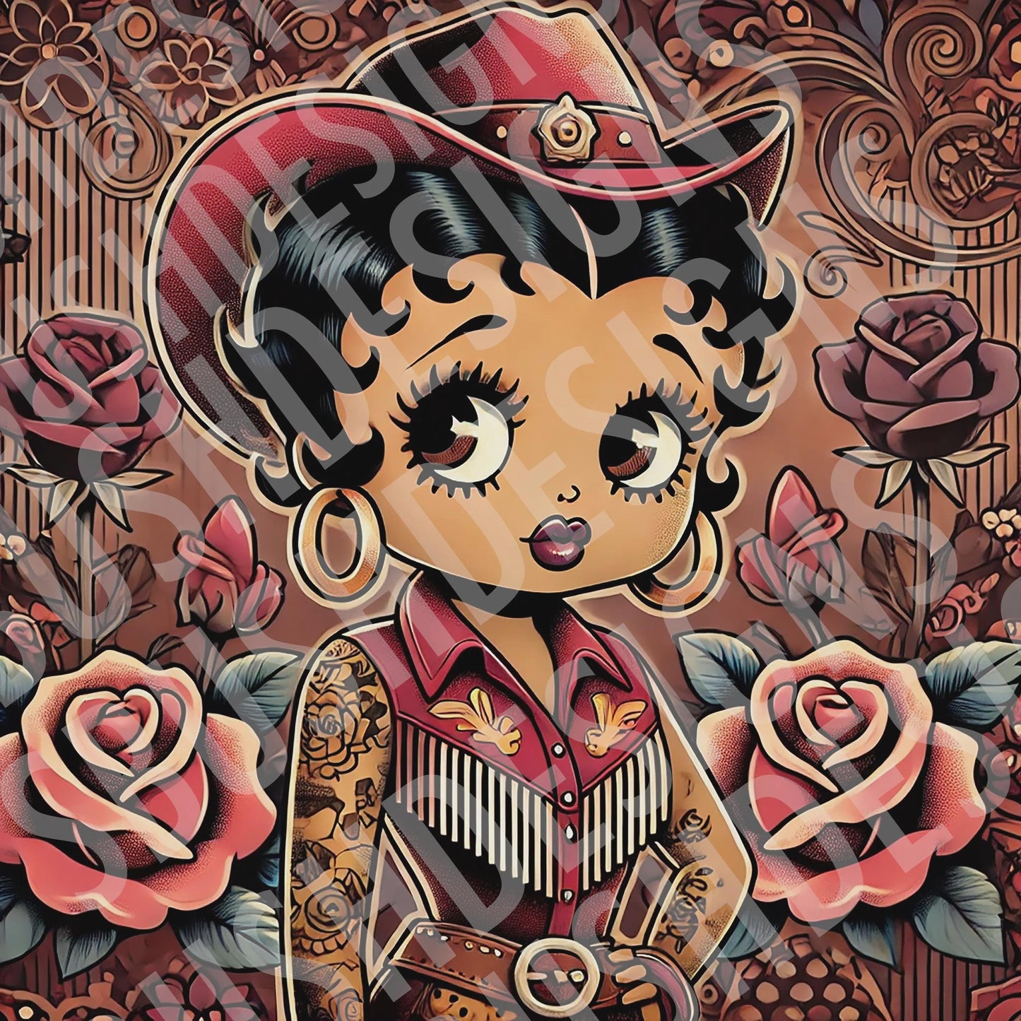 Western Black Betty Boop Cowgirl and Roses Image - Beautiful Vintage Cowgirl Vibe DIGITAL File ONLY for Tumbler, Totes, Clack Fans etc