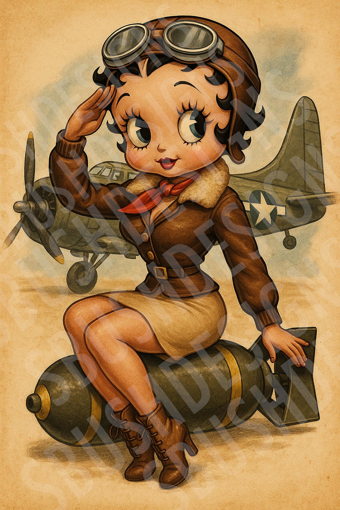 Vintage Aviator Betty Boop Pin-Up Girl Digital Art – WW2 Inspired Pilot Print – Retro Nose Art Style for Instant Download -DIGITAL FILE ONLY