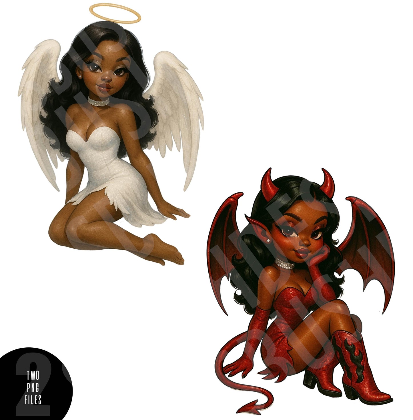 Black Angel & Devil Pin-Up Girl PNGs – Cute Good vs Evil Clipart Set – Retro Digital Art for Sublimation, Stickers and Crafts