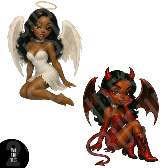 Black Angel & Devil Pin-Up Girl PNGs – Cute Good vs Evil Clipart Set – Retro Digital Art for Sublimation, Stickers and Crafts