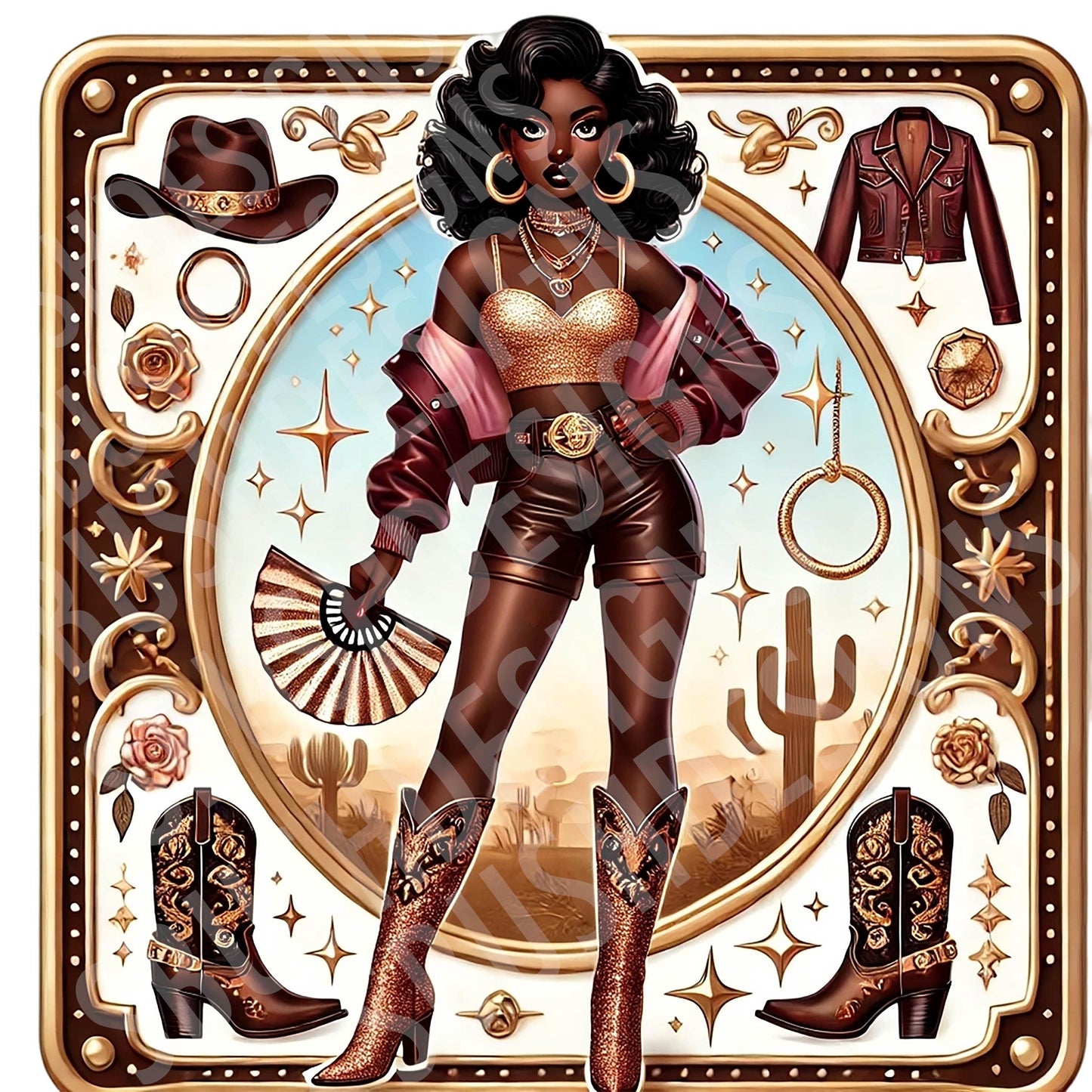 Melanin Queen Barbie Cowgirl Rose Gold Boots on the Ground - 1 png File Vintage Pin Up Girl Western File - DIGITAL FILE ONLY