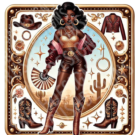 Melanin Queen Barbie Cowgirl Rose Gold Boots on the Ground - 1 png File Vintage Pin Up Girl Western File - DIGITAL FILE ONLY