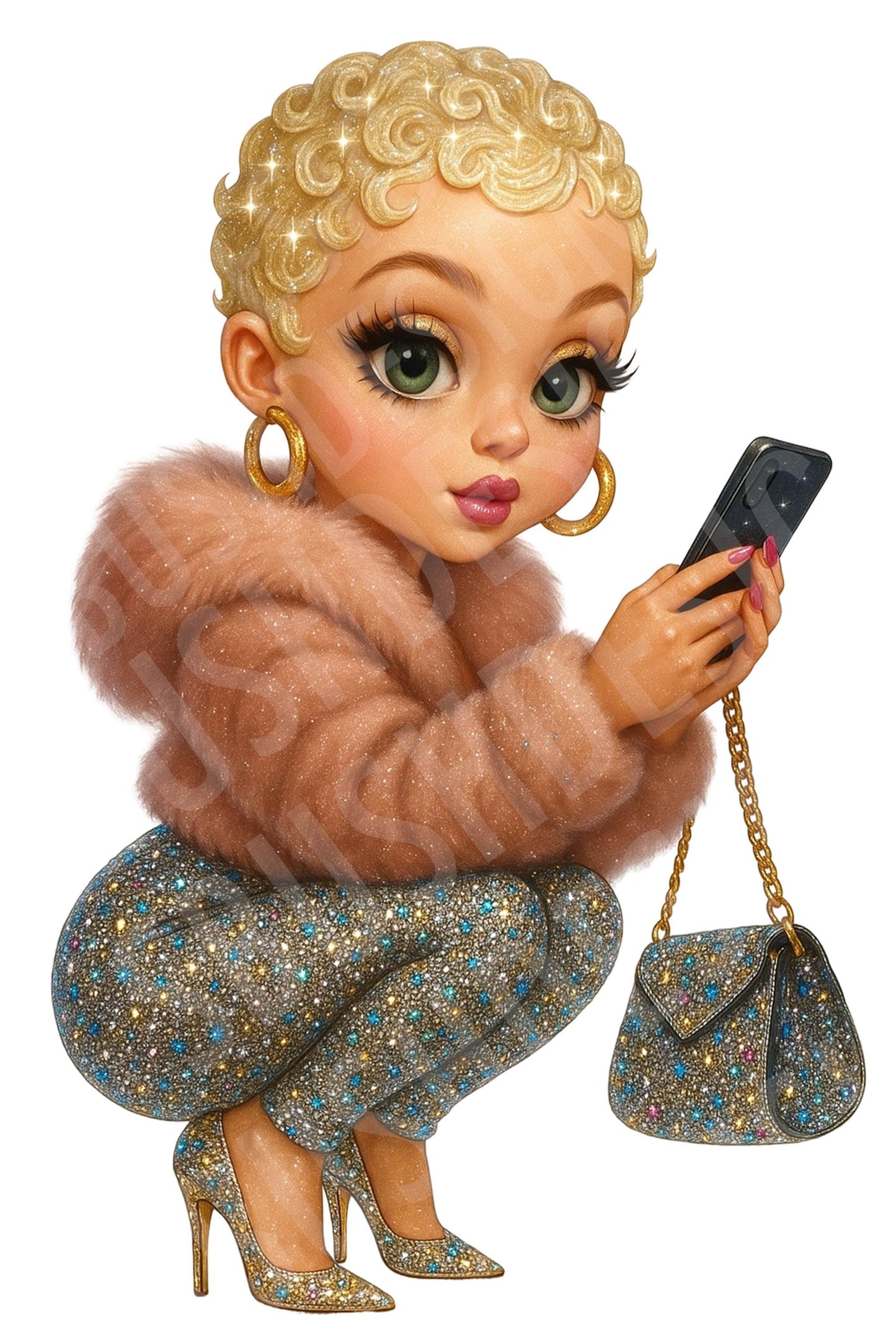 Blonde Modern Boujee Betty Boop Inspired Glam Fashion Girl PNG – Sparkly Digital Download with Phone & Glitter Outfit – Stylish Black Art