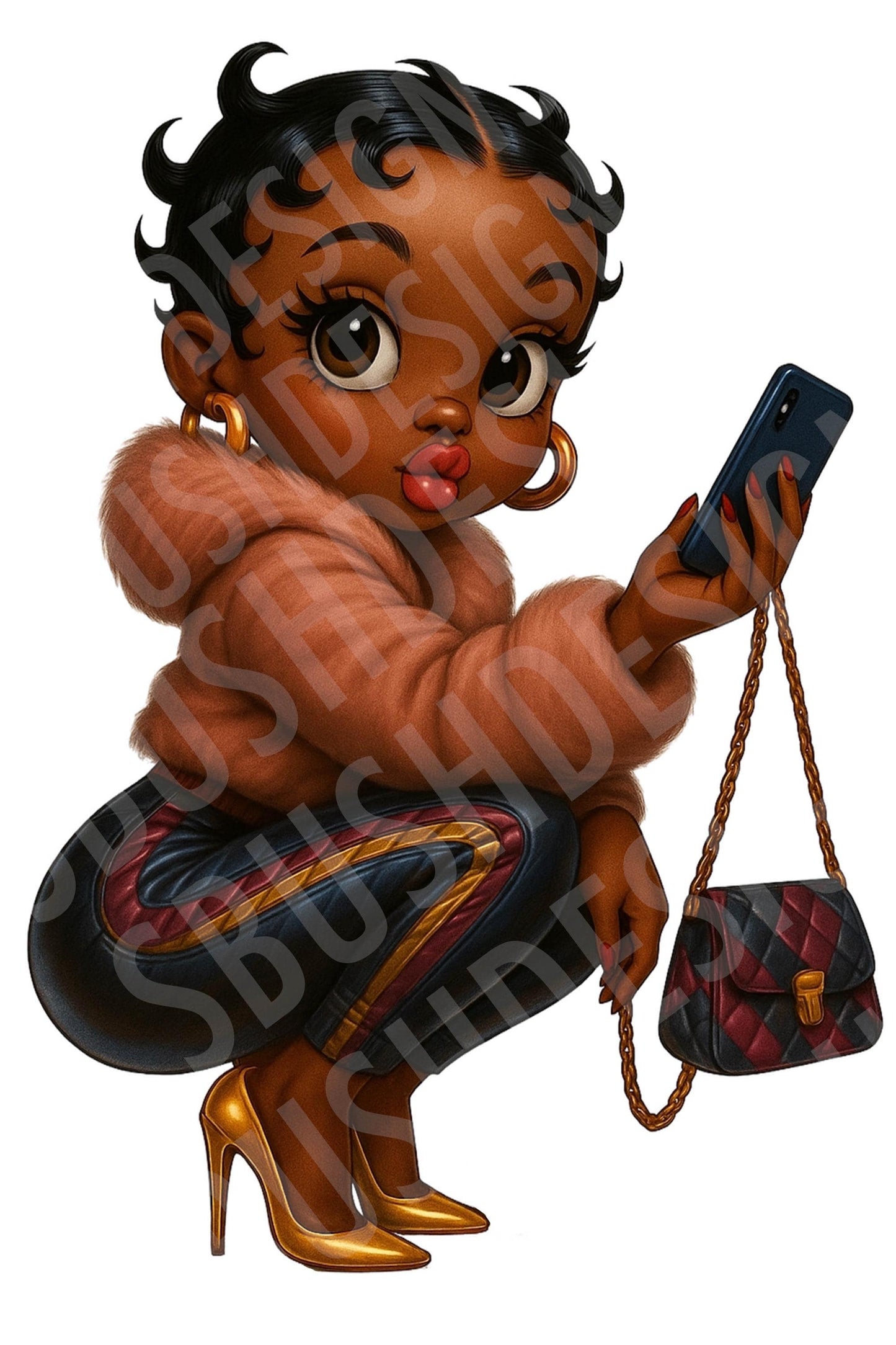 Trendy Brown Betty Boop Boujee Baddie – Digital Stylish Girl in Heels, Phone, Puffy Jacket and Purse – Black Betty Boop Hot Girl with Phone