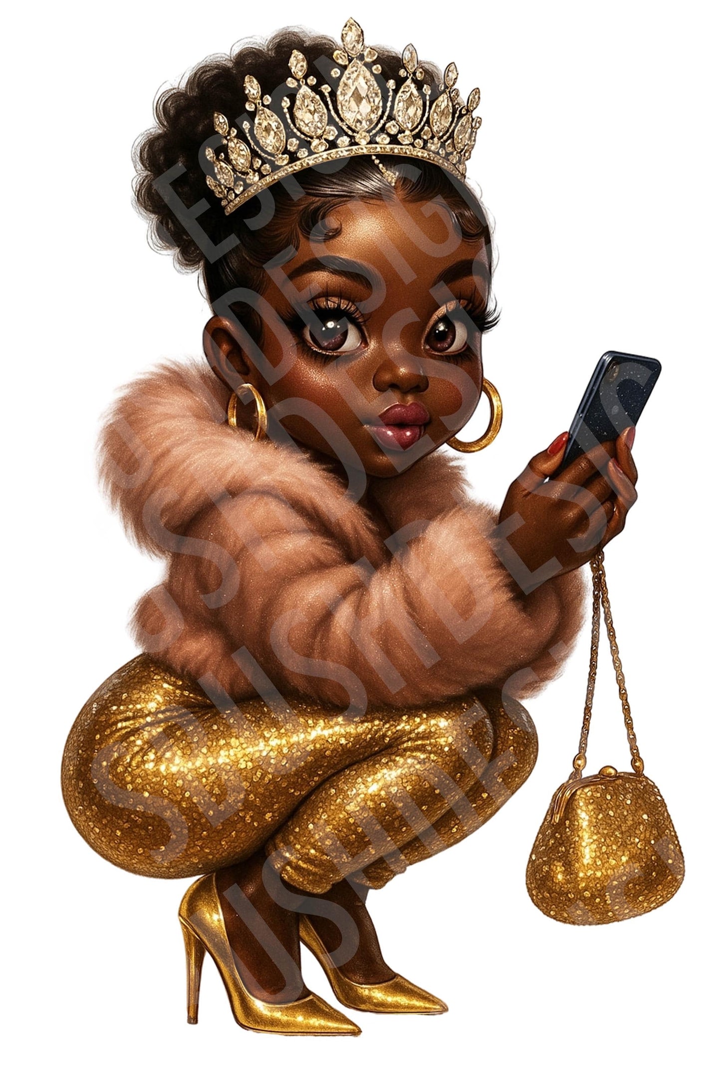 Royal Melanin Queen Boop PNG – Glam Crowned Queen Digital Art with Gold Outfit and Phone – Afrocentric Diva Clipart Black Boop Baddie Art