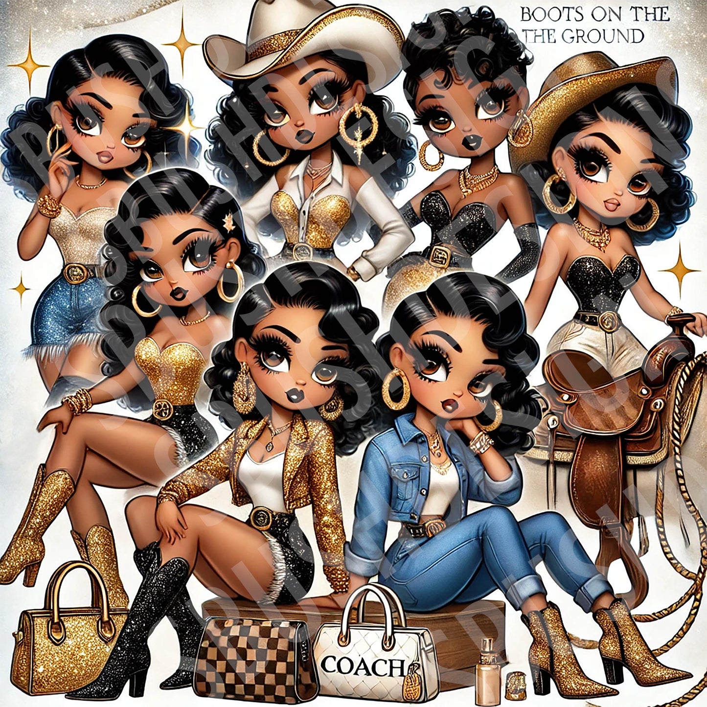 2 Glam Cowgirl Gang Fashion PNG  Images– Black Betty Boop Pin-Up Inspired Western Styled with Gold Outfits – Digital Download Clipart Set
