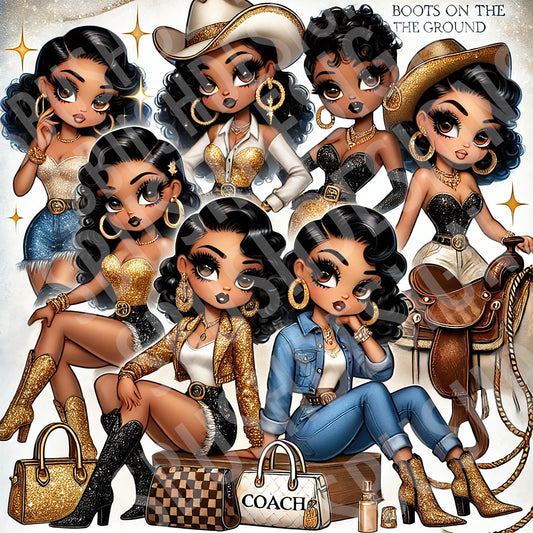 2 Glam Cowgirl Gang Fashion PNG  Images– Black Betty Boop Pin-Up Inspired Western Styled with Gold Outfits – Digital Download Clipart Set