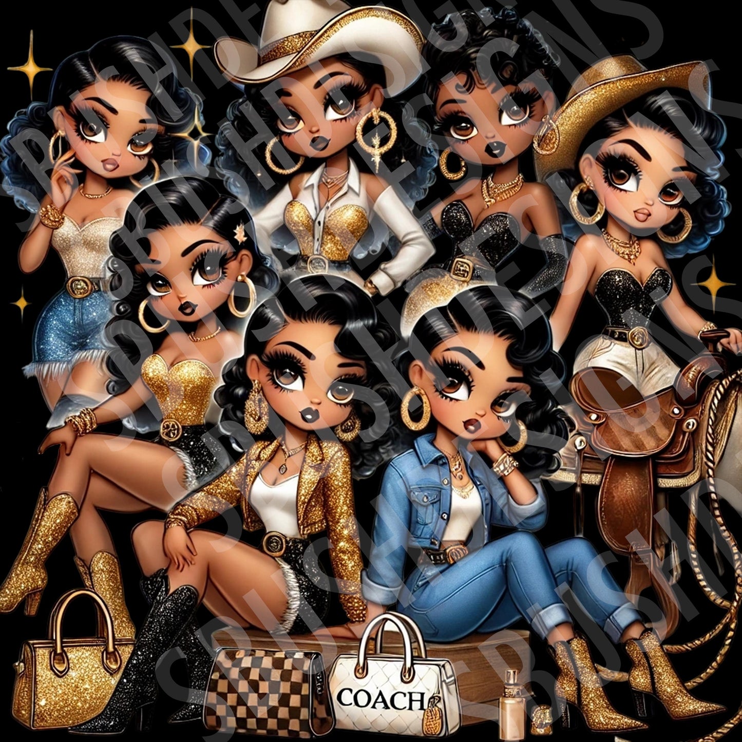 2 Glam Cowgirl Gang Fashion PNG  Images– Black Betty Boop Pin-Up Inspired Western Styled with Gold Outfits – Digital Download Clipart Set