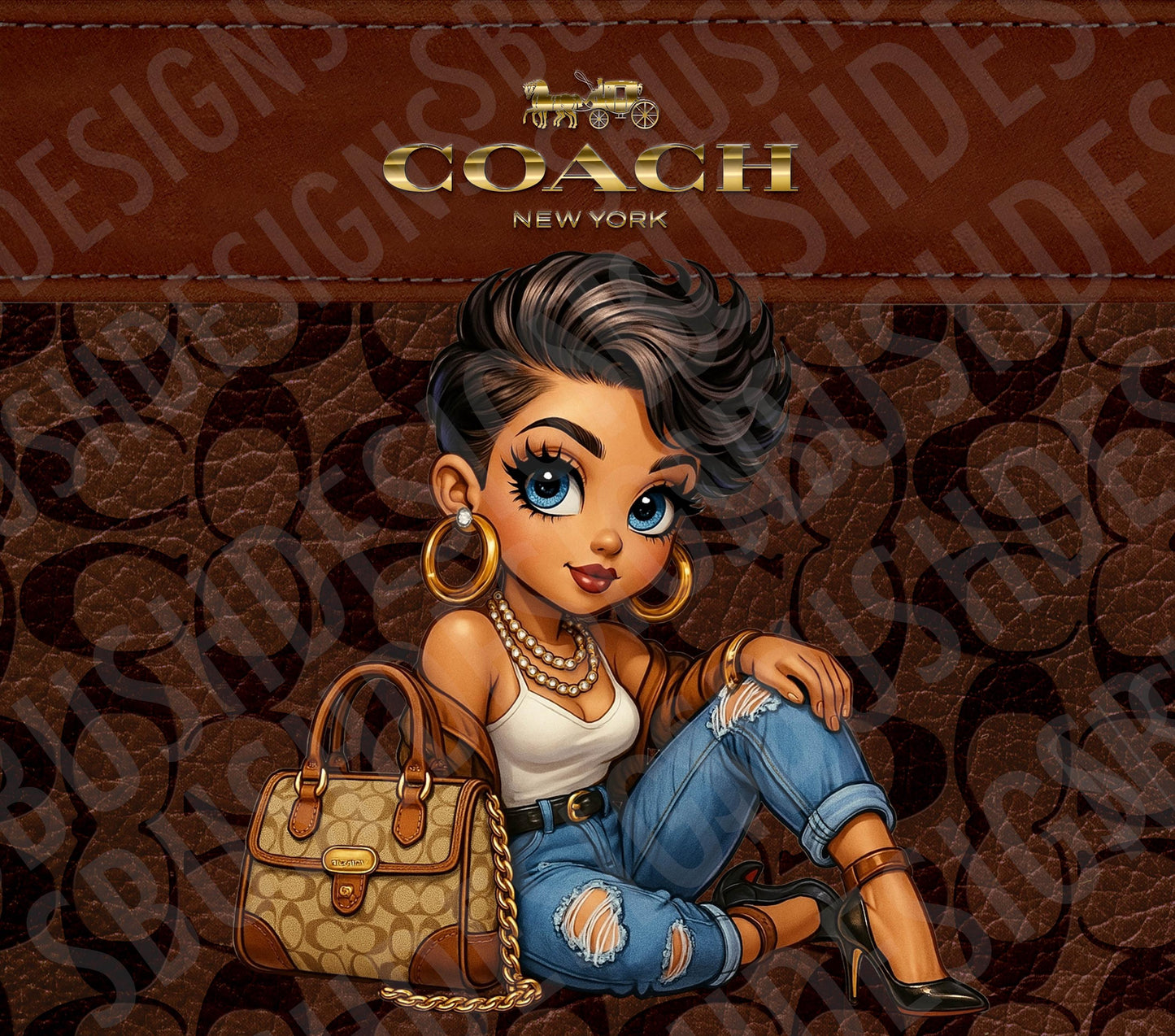 Coach-Inspired Modern Betty Boop Girl Tumbler Wrap  Fashion Diva PNG for 20oz Skinny Tumbler  Digital Download with Brown Luxury Pattern