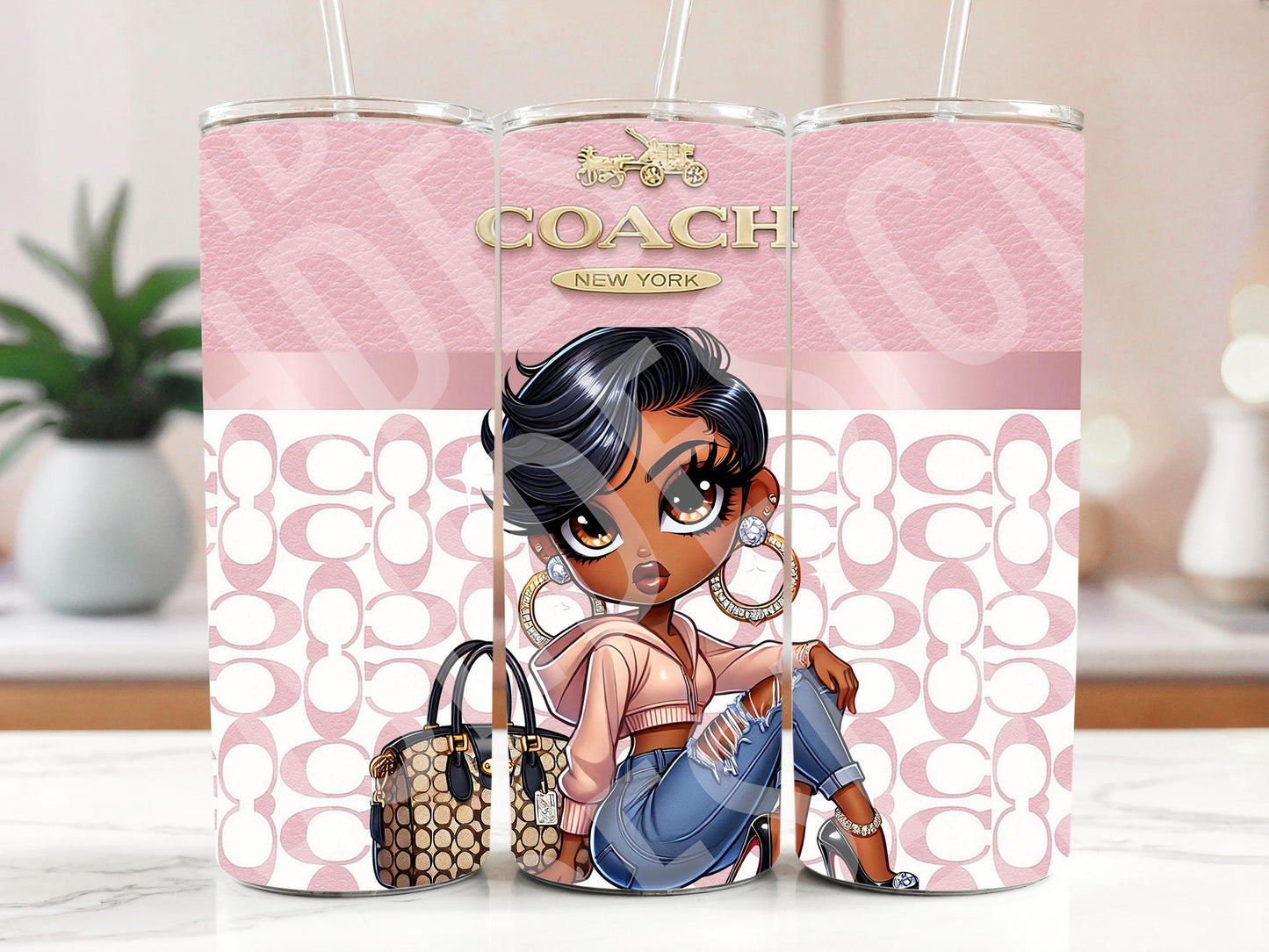 Coach-Inspired Modern Black Betty Boop Girl Tumbler Wrap  Diva PNG for 20oz Skinny Tumbler  Digital Download with Pink Luxury Pattern