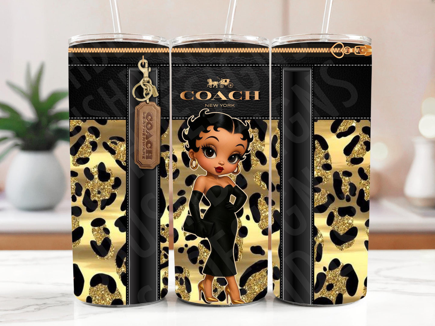 Glamorous Brown Betty Boop Gold and Leopard Print Purse Tumbler Wrap High Resolution File -  Luxe Classic Themed Coach Design Tumbler File